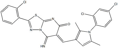 2-(2-chlorophenyl)-6-{[1-(2,4-dichlorophenyl)-2,5-dimethyl-1H-pyrrol-3-yl]methylene}-5-imino-5,6-dihydro-7H-[1,3,4]thiadiazolo[3,2-a]pyrimidin-7-one Struktur