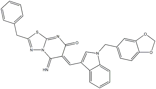 6-{[1-(1,3-benzodioxol-5-ylmethyl)-1H-indol-3-yl]methylene}-2-benzyl-5-imino-5,6-dihydro-7H-[1,3,4]thiadiazolo[3,2-a]pyrimidin-7-one Struktur