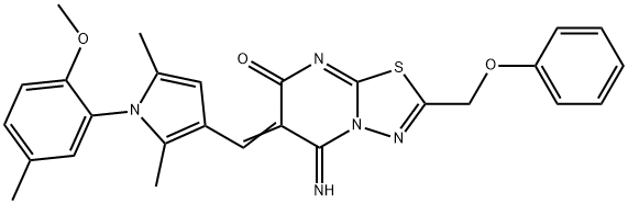 5-imino-6-{[1-(2-methoxy-5-methylphenyl)-2,5-dimethyl-1H-pyrrol-3-yl]methylene}-2-(phenoxymethyl)-5,6-dihydro-7H-[1,3,4]thiadiazolo[3,2-a]pyrimidin-7-one Struktur