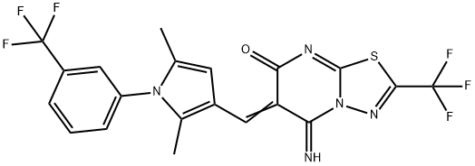 6-({2,5-dimethyl-1-[3-(trifluoromethyl)phenyl]-1H-pyrrol-3-yl}methylene)-5-imino-2-(trifluoromethyl)-5,6-dihydro-7H-[1,3,4]thiadiazolo[3,2-a]pyrimidin-7-one Struktur