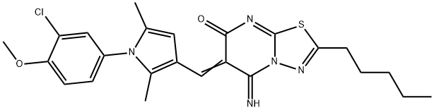 6-{[1-(3-chloro-4-methoxyphenyl)-2,5-dimethyl-1H-pyrrol-3-yl]methylene}-5-imino-2-pentyl-5,6-dihydro-7H-[1,3,4]thiadiazolo[3,2-a]pyrimidin-7-one Struktur