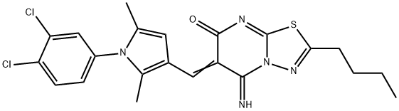 2-butyl-6-{[1-(3,4-dichlorophenyl)-2,5-dimethyl-1H-pyrrol-3-yl]methylene}-5-imino-5,6-dihydro-7H-[1,3,4]thiadiazolo[3,2-a]pyrimidin-7-one Struktur