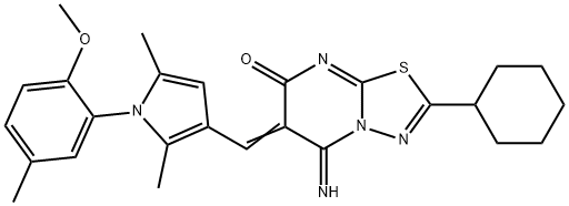 2-cyclohexyl-5-imino-6-{[1-(2-methoxy-5-methylphenyl)-2,5-dimethyl-1H-pyrrol-3-yl]methylene}-5,6-dihydro-7H-[1,3,4]thiadiazolo[3,2-a]pyrimidin-7-one Struktur