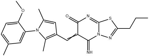 5-imino-6-{[1-(2-methoxy-5-methylphenyl)-2,5-dimethyl-1H-pyrrol-3-yl]methylene}-2-propyl-5,6-dihydro-7H-[1,3,4]thiadiazolo[3,2-a]pyrimidin-7-one Struktur