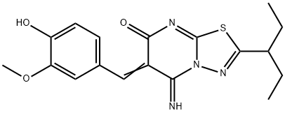 2-(1-ethylpropyl)-6-(4-hydroxy-3-methoxybenzylidene)-5-imino-5,6-dihydro-7H-[1,3,4]thiadiazolo[3,2-a]pyrimidin-7-one Struktur