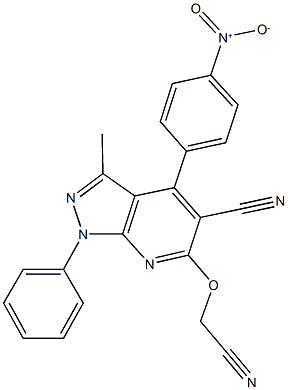 6-(cyanomethoxy)-4-{4-nitrophenyl}-3-methyl-1-phenyl-1H-pyrazolo[3,4-b]pyridine-5-carbonitrile Struktur