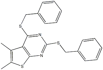 2,4-bis(benzylsulfanyl)-5,6-dimethylthieno[2,3-d]pyrimidine Struktur