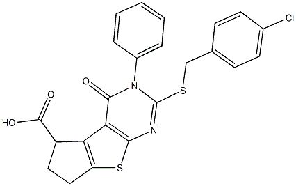 2-[(4-chlorobenzyl)sulfanyl]-4-oxo-3-phenyl-3,5,6,7-tetrahydro-4H-cyclopenta[4,5]thieno[2,3-d]pyrimidine-5-carboxylic acid Struktur