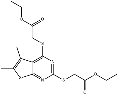 ethyl ({2-[(2-ethoxy-2-oxoethyl)sulfanyl]-5,6-dimethylthieno[2,3-d]pyrimidin-4-yl}sulfanyl)acetate Struktur