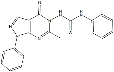 N-(6-methyl-4-oxo-1-phenyl-1,4-dihydro-5H-pyrazolo[3,4-d]pyrimidin-5-yl)-N'-phenylthiourea Struktur