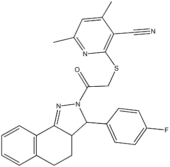 2-({2-[3-(4-fluorophenyl)-3,3a,4,5-tetrahydro-2H-benzo[g]indazol-2-yl]-2-oxoethyl}sulfanyl)-4,6-dimethylnicotinonitrile Struktur