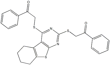 2-({2-[(2-oxo-2-phenylethyl)sulfanyl]-5,6,7,8-tetrahydro[1]benzothieno[2,3-d]pyrimidin-4-yl}sulfanyl)-1-phenylethanone Struktur