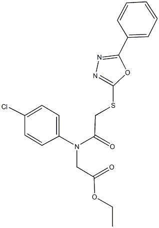 ethyl (4-chloro{[(5-phenyl-1,3,4-oxadiazol-2-yl)sulfanyl]acetyl}anilino)acetate Struktur