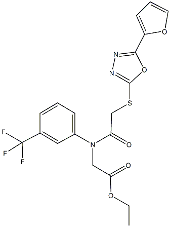 ethyl [({[5-(2-furyl)-1,3,4-oxadiazol-2-yl]sulfanyl}acetyl)-3-(trifluoromethyl)anilino]acetate Struktur