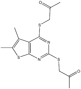 1-({5,6-dimethyl-2-[(2-oxopropyl)sulfanyl]thieno[2,3-d]pyrimidin-4-yl}sulfanyl)acetone Struktur