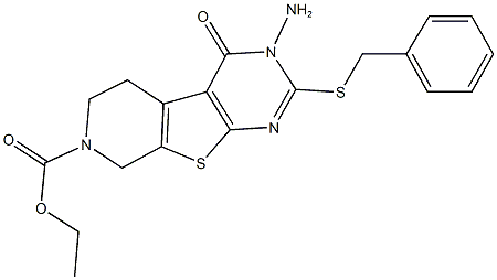 ethyl 3-amino-2-(benzylsulfanyl)-4-oxo-3,5,6,8-tetrahydropyrido[4',3':4,5]thieno[2,3-d]pyrimidine-7(4H)-carboxylate Struktur