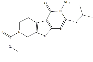 ethyl 3-amino-2-(isopropylsulfanyl)-4-oxo-3,5,6,8-tetrahydropyrido[4',3':4,5]thieno[2,3-d]pyrimidine-7(4H)-carboxylate Struktur