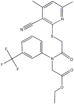 ethyl [{[(3-cyano-4,6-dimethyl-2-pyridinyl)sulfanyl]acetyl}-3-(trifluoromethyl)anilino]acetate Struktur