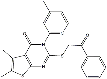 5,6-dimethyl-3-(4-methyl-2-pyridinyl)-2-[(2-oxo-2-phenylethyl)sulfanyl]thieno[2,3-d]pyrimidin-4(3H)-one Struktur