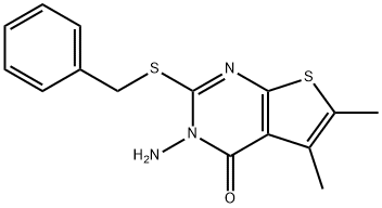 3-amino-2-(benzylsulfanyl)-5,6-dimethylthieno[2,3-d]pyrimidin-4(3H)-one Struktur