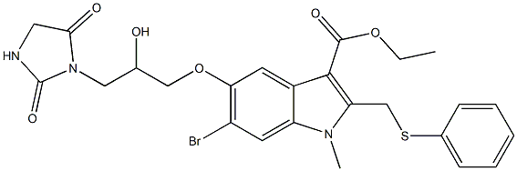 ethyl 6-bromo-5-[3-(2,5-dioxo-1-imidazolidinyl)-2-hydroxypropoxy]-1-methyl-2-[(phenylsulfanyl)methyl]-1H-indole-3-carboxylate Struktur