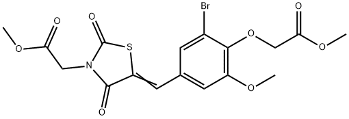 methyl {5-[3-bromo-5-methoxy-4-(2-methoxy-2-oxoethoxy)benzylidene]-2,4-dioxo-1,3-thiazolidin-3-yl}acetate Struktur