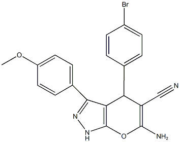 6-amino-4-(4-bromophenyl)-3-(4-methoxyphenyl)-1,4-dihydropyrano[2,3-c]pyrazole-5-carbonitrile Struktur