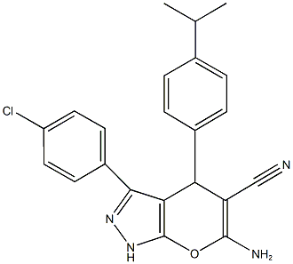 6-amino-3-(4-chlorophenyl)-4-(4-isopropylphenyl)-1,4-dihydropyrano[2,3-c]pyrazole-5-carbonitrile Struktur