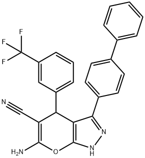 6-amino-3-[1,1'-biphenyl]-4-yl-4-[3-(trifluoromethyl)phenyl]-1,4-dihydropyrano[2,3-c]pyrazole-5-carbonitrile Struktur