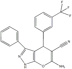 6-amino-3-phenyl-4-[3-(trifluoromethyl)phenyl]-1,4-dihydropyrano[2,3-c]pyrazole-5-carbonitrile Struktur