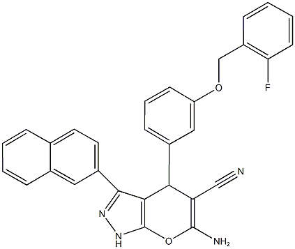 6-amino-4-{3-[(2-fluorobenzyl)oxy]phenyl}-3-(2-naphthyl)-1,4-dihydropyrano[2,3-c]pyrazole-5-carbonitrile Struktur