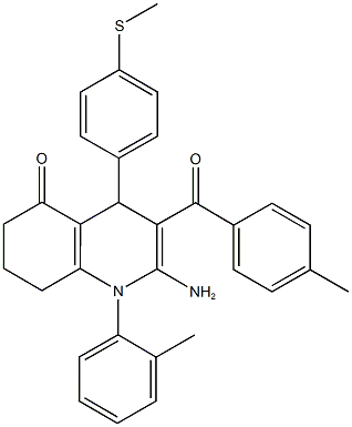 2-amino-3-(4-methylbenzoyl)-1-(2-methylphenyl)-4-[4-(methylsulfanyl)phenyl]-4,6,7,8-tetrahydroquinolin-5(1H)-one Struktur