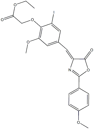 ethyl {2-iodo-6-methoxy-4-[(2-(4-methoxyphenyl)-5-oxo-1,3-oxazol-4(5H)-ylidene)methyl]phenoxy}acetate Struktur