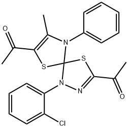 1-[3-acetyl-1-(2-chlorophenyl)-8-methyl-9-phenyl-4,6-dithia-1,2,9-triazaspiro[4.4]nona-2,7-dien-7-yl]ethanone Struktur