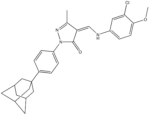 2-[4-(1-adamantyl)phenyl]-4-[(3-chloro-4-methoxyanilino)methylene]-5-methyl-2,4-dihydro-3H-pyrazol-3-one Struktur