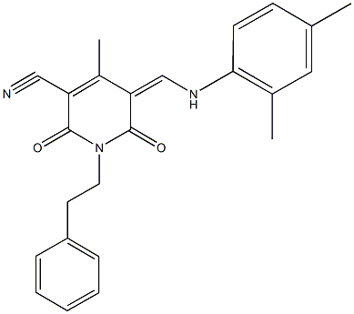 5-[(2,4-dimethylanilino)methylene]-4-methyl-2,6-dioxo-1-(2-phenylethyl)-1,2,5,6-tetrahydro-3-pyridinecarbonitrile Struktur