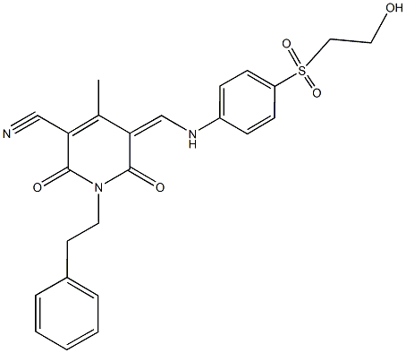 5-({4-[(2-hydroxyethyl)sulfonyl]anilino}methylene)-4-methyl-2,6-dioxo-1-(2-phenylethyl)-1,2,5,6-tetrahydro-3-pyridinecarbonitrile Struktur