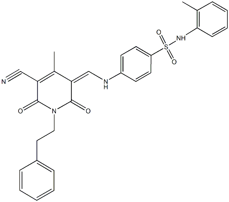 4-{[(5-cyano-4-methyl-2,6-dioxo-1-(2-phenylethyl)-1,6-dihydro-3(2H)-pyridinylidene)methyl]amino}-N-(2-methylphenyl)benzenesulfonamide Struktur