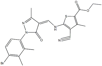 ethyl 5-({[1-(4-bromo-2,3-dimethylphenyl)-3-methyl-5-oxo-1,5-dihydro-4H-pyrazol-4-ylidene]methyl}amino)-4-cyano-3-methyl-2-thiophenecarboxylate Struktur