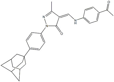 4-[(4-acetylanilino)methylene]-2-[4-(1-adamantyl)phenyl]-5-methyl-2,4-dihydro-3H-pyrazol-3-one Struktur