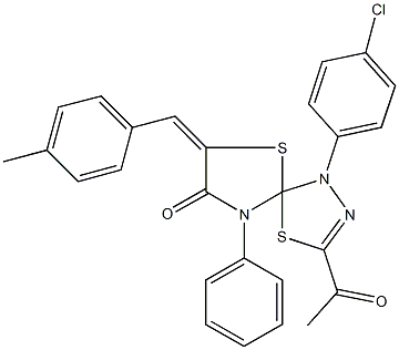 3-acetyl-1-(4-chlorophenyl)-7-(4-methylbenzylidene)-9-phenyl-4,6-dithia-1,2,9-triazaspiro[4.4]non-2-en-8-one Struktur