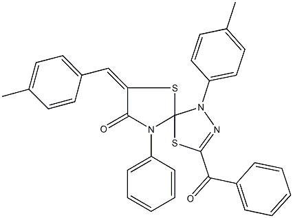 3-benzoyl-7-(4-methylbenzylidene)-1-(4-methylphenyl)-9-phenyl-4,6-dithia-1,2,9-triazaspiro[4.4]non-2-en-8-one Struktur