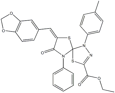 ethyl 7-(1,3-benzodioxol-5-ylmethylene)-1-(4-methylphenyl)-8-oxo-9-phenyl-4,6-dithia-1,2,9-triazaspiro[4.4]non-2-ene-3-carboxylate Struktur