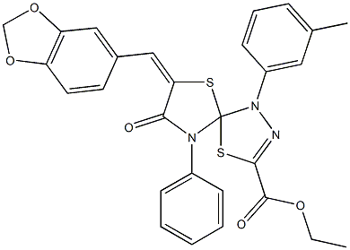 ethyl 7-(1,3-benzodioxol-5-ylmethylene)-1-(3-methylphenyl)-8-oxo-9-phenyl-4,6-dithia-1,2,9-triazaspiro[4.4]non-2-ene-3-carboxylate Struktur