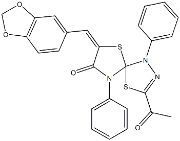 3-acetyl-7-(1,3-benzodioxol-5-ylmethylene)-1,9-diphenyl-4,6-dithia-1,2,9-triazaspiro[4.4]non-2-en-8-one Struktur