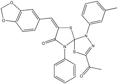 3-acetyl-7-(1,3-benzodioxol-5-ylmethylene)-1-(3-methylphenyl)-9-phenyl-4,6-dithia-1,2,9-triazaspiro[4.4]non-2-en-8-one Struktur