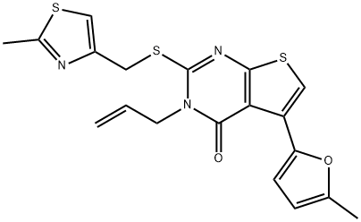 3-allyl-5-(5-methyl-2-furyl)-2-{[(2-methyl-1,3-thiazol-4-yl)methyl]sulfanyl}thieno[2,3-d]pyrimidin-4(3H)-one Struktur