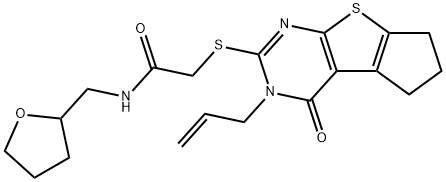 2-[(3-allyl-4-oxo-3,5,6,7-tetrahydro-4H-cyclopenta[4,5]thieno[2,3-d]pyrimidin-2-yl)sulfanyl]-N-(tetrahydro-2-furanylmethyl)acetamide Struktur