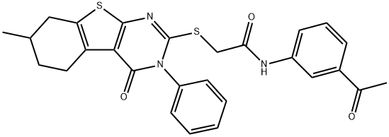 N-(3-acetylphenyl)-2-[(7-methyl-4-oxo-3-phenyl-3,4,5,6,7,8-hexahydro[1]benzothieno[2,3-d]pyrimidin-2-yl)sulfanyl]acetamide Struktur