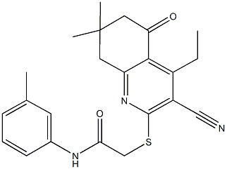 2-[(3-cyano-4-ethyl-7,7-dimethyl-5-oxo-5,6,7,8-tetrahydro-2-quinolinyl)sulfanyl]-N-(3-methylphenyl)acetamide Struktur